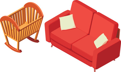 Baby furniture icon isometric vector. Wooden cradle and red sofa with cushion. Children room, interior element