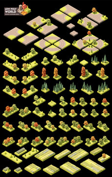 Vector isometric world map creation set. Combinable map elements. Different trees, road elements, greenhouse