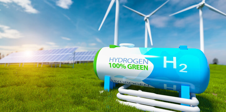 Green Hydrogen renewable energy production pipeline - green hydrogen gas for clean electricity solar and windturbine facility
