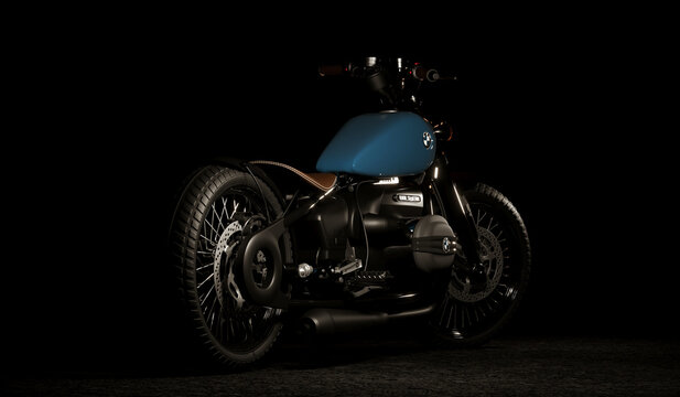 Almaty, Kazakhstan - August 15, 2022 BMW WalzWerk R18 Custombike Bobber Superbike On dark background. 3d render