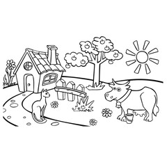 cartoon outline farm with cow coloring book for 
