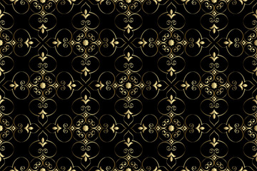 Abstract geometry floral pattern in Arabian style. Seamless vector background. Gold and black graphic ornament. Simple lattice graphic design