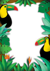 Papercut hornbill forest vector background.