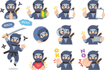 忍者の男性　バリエーション　初心者マーク　スマートフォン　タブレット　虫眼鏡　クレジットカード