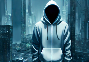 wallpaper with a hacker wearing a hoodie  standing in a futuristic cyberpunk city in a background,  Generative AI	 