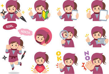 忍者　くノ一　バリエーション　初心者マーク　スマートフォン　タブレット　虫眼鏡　クレジットカード