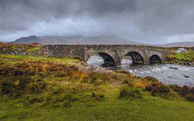 The old bridge of Sligachan during rain storm