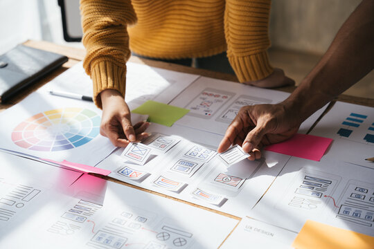 ux Graphic designer creative sketch planning application process development prototype wireframe for web mobile phone . User experience concept.