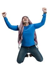 Asian man with keffiyeh celebrate victory with excited expression