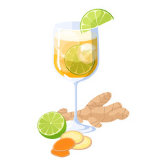 Glass of turmeric gin ginger ice cocktail vector isolated on white background. Autumn winter alcohol drink flat illustration