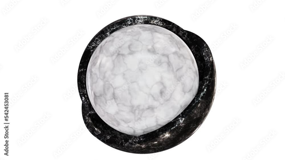 Poster realistic looping 3d animation of the spinning white marble sphere inside of two black marble hemisp
