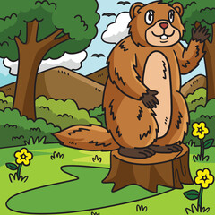 Waving Groundhog Colored Cartoon Illustration