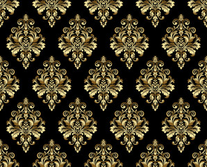 Wallpaper in the style of Baroque. Seamless vector background. Gold and black floral ornament. Graphic pattern for fabric, wallpaper, packaging. Ornate Damask flower ornament