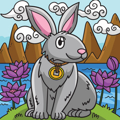 Rabbit in Lotus Garden Colored Cartoon 