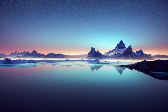 Aurora borealis on the Norway. Green northern lights above mountains. Night sky with polar lights. Night winter landscape with aurora and reflection on the water surface. Natural back