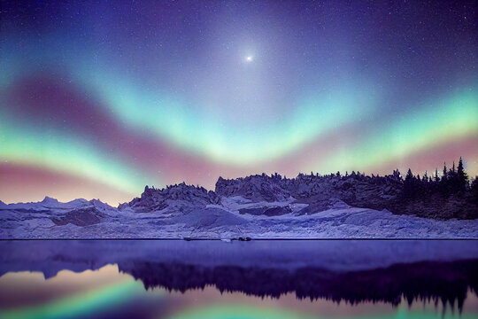 Aurora borealis on the Norway. Green northern lights above mountains. Night sky with polar lights. Night winter landscape with aurora and reflection on the water surface. Natural back