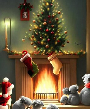 A Cute Koala Family Around A Christmas Tree And Fireplace, Cuddled Up In A Blanket And Drinking Hot Coco, Made By AI