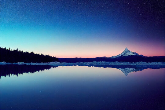 Aurora borealis on the Norway. Green northern lights above mountains. Night sky with polar lights. Night winter landscape with aurora and reflection on the water surface. Natural back