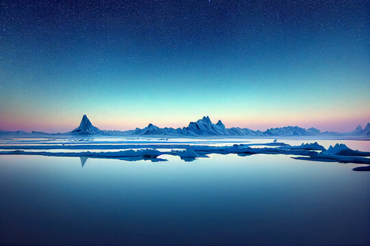 Aurora borealis on the Norway. Green northern lights above mountains. Night sky with polar lights. Night winter landscape with aurora and reflection on the water surface. Natural back