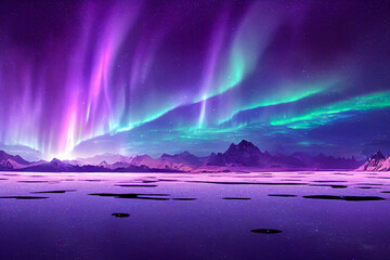 Aurora borealis op de Noorwegen. Groen noorderlicht boven bergen. Nachtelijke hemel met poollichten. Nacht winterlandschap met aurora en reflectie op het wateroppervlak. Natuurlijke rug