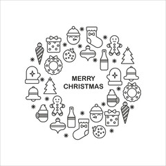 Merry Christmas background in line. Christmas icons. Elements in a circle shape. Trendy background, poster, postcard, template..