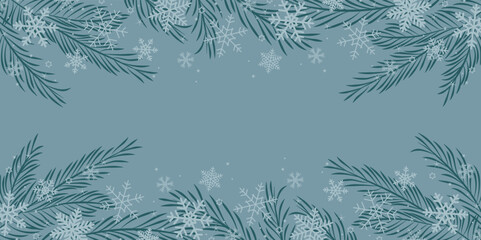 Fototapeta na wymiar christmas winter background landscape fir branches border with snowfall