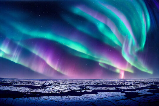 Aurora borealis on the Norway. Green northern lights above mountains. Night sky with polar lights. Night winter landscape with aurora and reflection on the water surface. Natural back