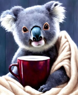 A Cute Koala Family Around A Christmas Tree And Fireplace, Cuddled Up In A Blanket And Drinking Hot Coco, Made By AI