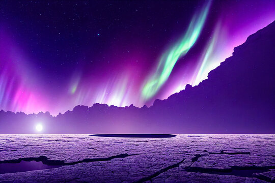 Aurora borealis on the Norway. Green northern lights above mountains. Night sky with polar lights. Night winter landscape with aurora and reflection on the water surface. Natural back