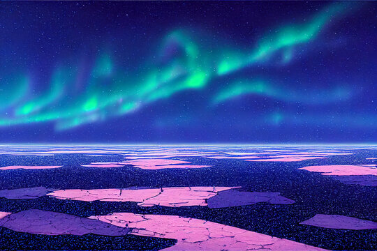 Aurora borealis on the Norway. Green northern lights above mountains. Night sky with polar lights. Night winter landscape with aurora and reflection on the water surface. Natural back