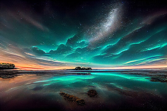 Aurora borealis on the Norway. Green northern lights above mountains. Night sky with polar lights. Night winter landscape with aurora and reflection on the water surface. Natural back