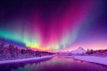 Fototapeten Aurora borealis auf dem Norwegen. Grüne Nordlichter über Bergen. Nachthimmel mit Polarlichtern. Nachtwinterlandschaft mit Aurora und Spiegelung auf der Wasseroberfläche. Natürlicher Rücken © waichi2013th