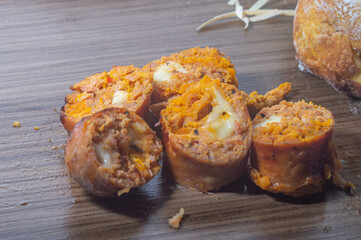 Pumpkin sausage made with Pumpkin and cheese, copy space on the left and soft light