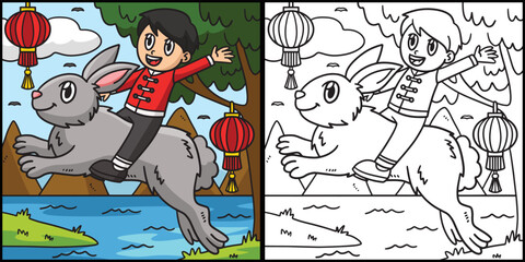 Boy Riding Rabbit Coloring Page Illustration