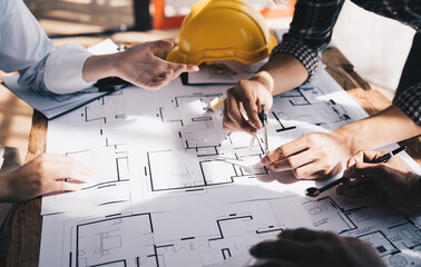 Architect concept, Architects working with blueprints in the office, Vintage Effect