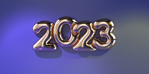 3D render 2023 new year yellow abstract background purple and gold style number