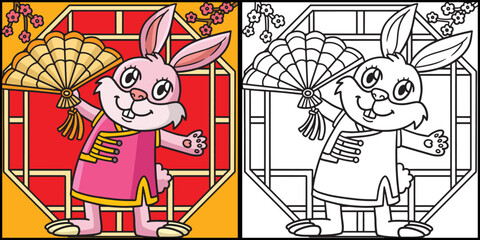 Rabbit Chinese Hand Fan Coloring Illustration