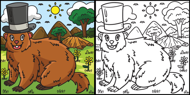 Groundhog with Top Hat Coloring Page Illustration