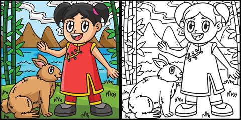 Girl with Rabbit Coloring Page Illustration
