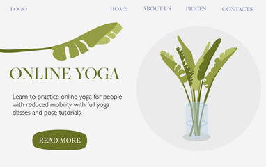 Yoga online class landing page design in grey and green colors with tropical plant