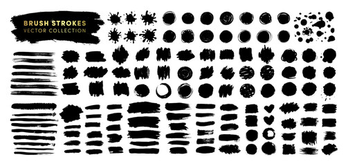 Hand drawn vector brush strokes mega collection. Black ink paint spots backgrounds set. Grunge artistic paint blobs highlights backgrounds. Abstract line, stains shapes, scribble circle design element - obrazy, fototapety, plakaty
