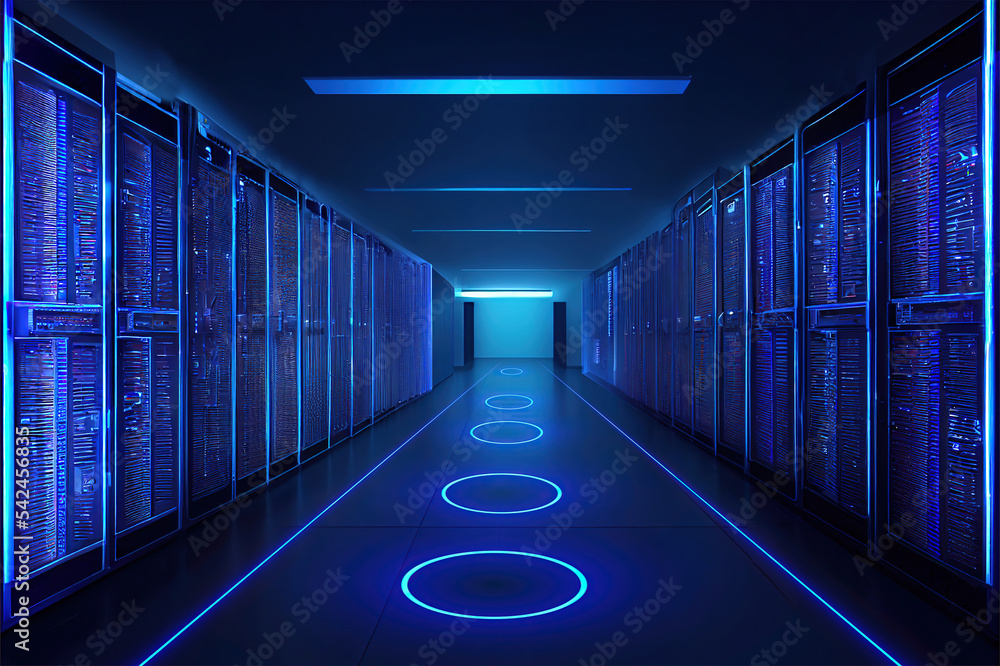 Aufkleber data center or server room with servers of information cloud storage. dark blue neon datacenter.
