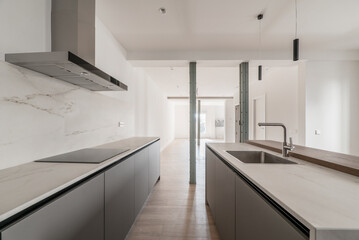 Fototapeta na wymiar Design plain gray furniture kitchen in a loft style apartment with metal pillars