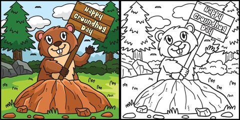 Groundhog with Placard Coloring Page Illustration