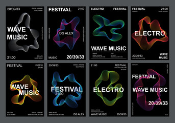 Set 8 abstract music posters, line pattern vector style, modern black background design, trending gradient, sound amplitude, dynamic shape. Minimalist print template, banner cover flyer, festival club