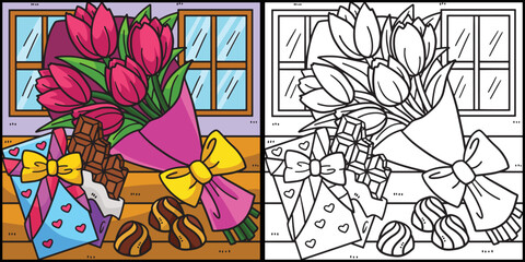 Bouquet of Flowers and Chocolates Coloring Page
