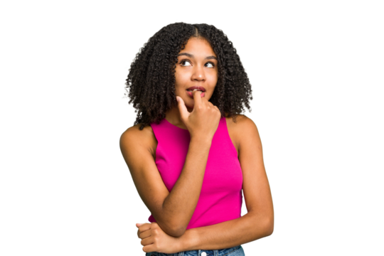Young african american woman isolated looking sideways with doubtful and skeptical expression.