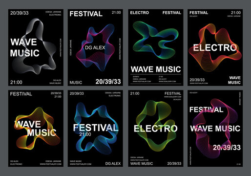 Set 8 abstract music posters, line pattern vector style, modern black background design, trending gradient, sound amplitude, dynamic shape. Minimalist print template, banner cover flyer, festival club