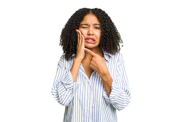 Young african american woman isolated having a strong teeth pain, molar ache.
