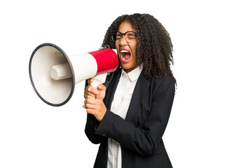 Young african american business woman holding and screaming with a megaphone isolated